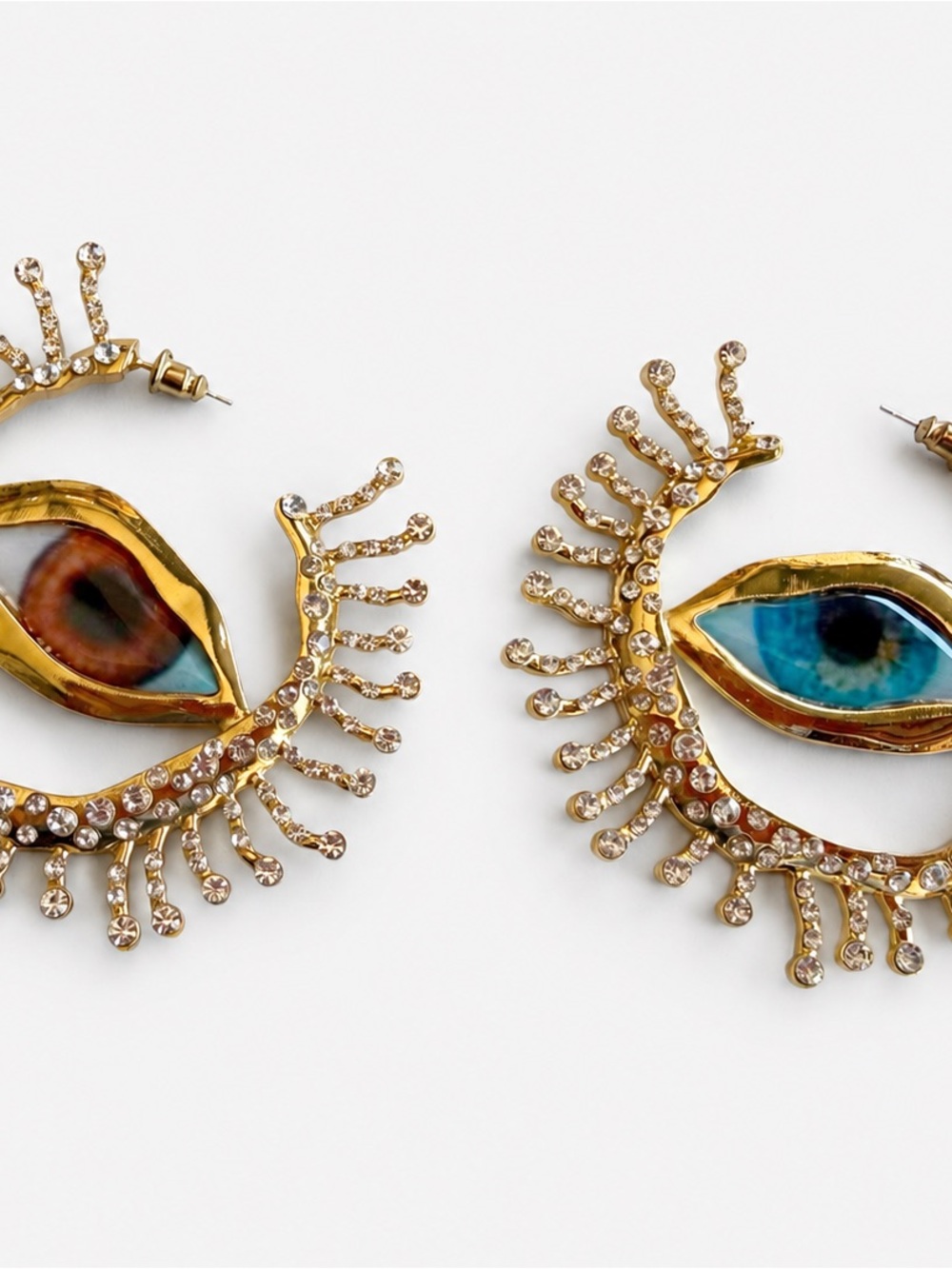 Gold Eye Hoop Earrings with Blue and Brown Accent